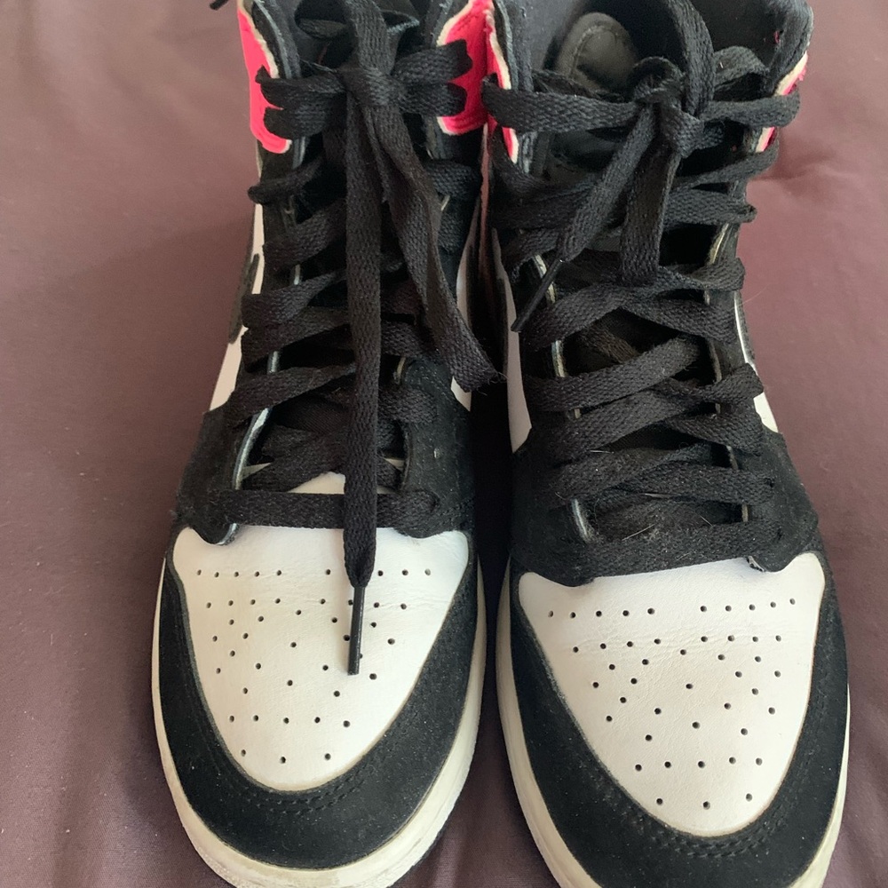 Jordan Retro Valentines Day Sneakers. Black and white with pink checkmark.